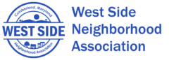 Circular logo featuring mountains, trees, and homes that reads, "West Side Neighborhood Association" and "Cumberland, Maryland"